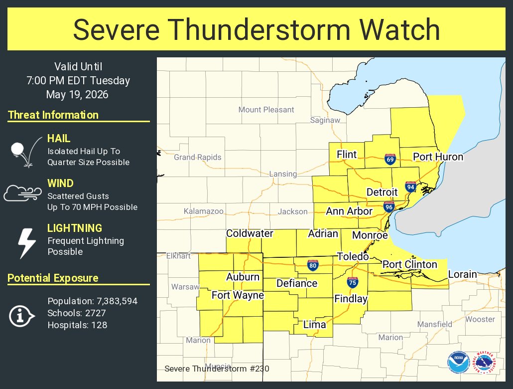 NWSDetroit's tweet photo. A severe thunderstorm watch has been issued for parts of Indiana, Michigan and Ohio until 7 PM EDT https://t.co/K7yQlenDW7