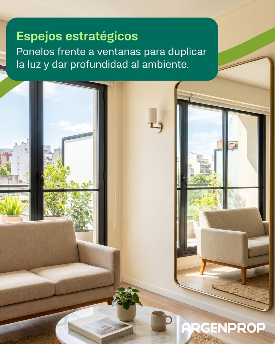 argenprop's tweet photo. ¿Tu depto se siente chico?
A veces, con pequeños cambios podés lograr que los ambientes se vean mucho más amplios ✨

✔️ Espejos para multiplicar la luz
✔️ Cortinas claras y del techo al piso
✔️ Muebles con patas que aportan sensación de amplitud

Detalles simples que hacen una gran diferencia en casa 🏡

#Argenprop #PortalInmobiliario #TipsParaElHogar #DiseñoDeInteriores