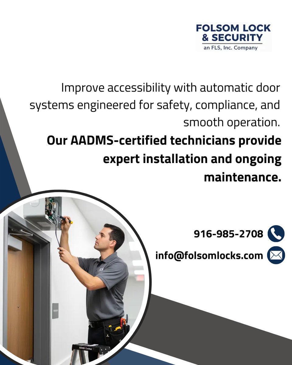 FolsomLocks's tweet photo. Improve accessibility with automatic door systems engineered for safety, compliance, and smooth operation. Our AADMS-certified technicians provide expert installation and ongoing maintenance. Make your building ADA compliant today.
https://t.co/1o4MsTEdGB
#AutomaticDoorSystems https://t.co/t7ZDitCXy7