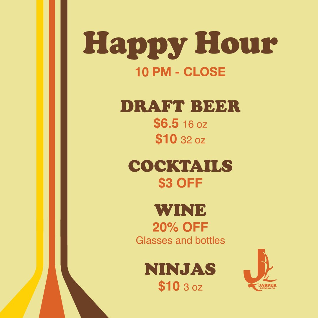 JasperBrewing's tweet photo. Join us for Happy Hour daily from 10pm to close. 🍺 https://t.co/La8VCvHAPx