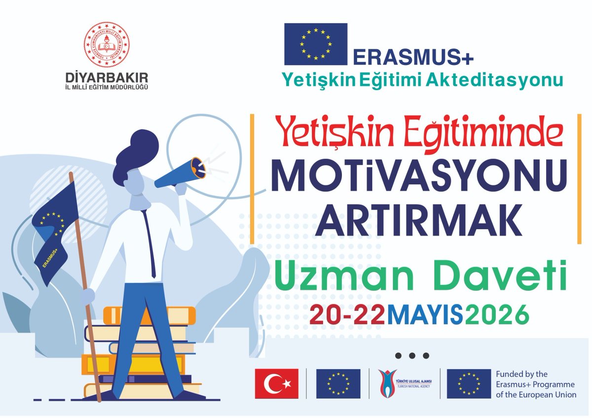 Diyarbakirmem's tweet photo. 🇪🇺🇹🇷📚 İl Millî Eğitim Müdürlüğümüz tarafından yürütülen Erasmus+ Yetişkin Eğitimi Akreditasyonu kapsamında “Yetişkin Eğitiminde Motivasyonu Artırmak” temalı Uzman Daveti programı, Avrupa’dan uzman öğretmenlerin katılımıyla gerçekleştirilecek.

Program kapsamında yetişkin eğitiminde motivasyon, etkili öğrenme ortamları ve iyi uygulama örnekleri üzerine deneyim paylaşımı ve atölyeler gerçekleştirilecek.

📍 Kayapınar Halk Eğitimi Merkezi
🕙 Saat: 10.00
📅 20–22 Mayıs 2026

@tcmeb @Yusuf__Tekin 
@vali_zorluoglu @sadoglu_salih @ulusalajans
