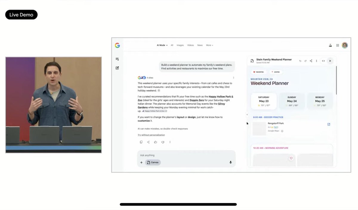 JusteTry's tweet photo. Un truc me dérange avec la Google I/O

Google unifie finalement sa recherche et l’ia, aspirant tout les blogs et sites.

Puis présente un petit lovable, créant des applications à la volée. Le tout devant des développeurs d’applications qui applaudissent. https://t.co/rzs9nvrO82