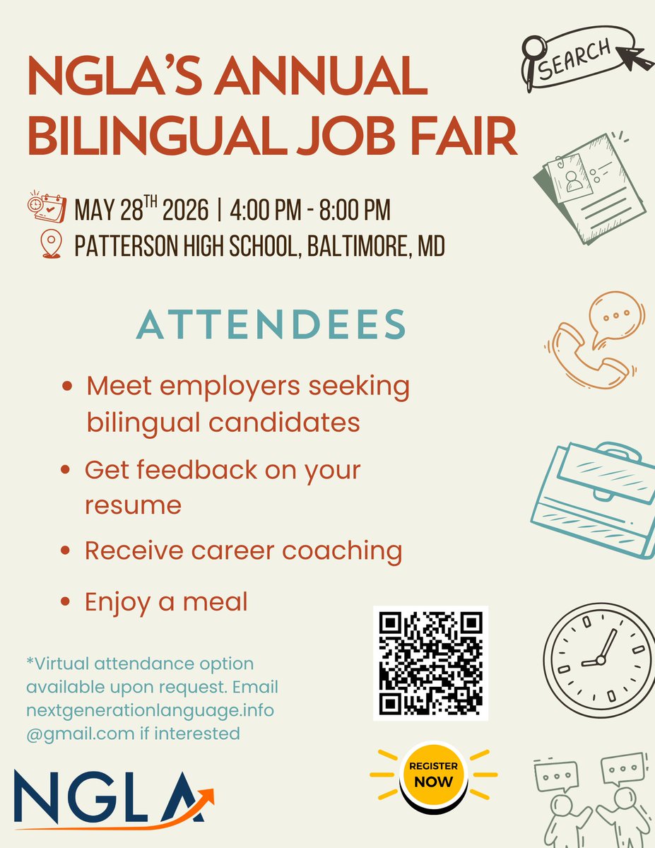 JobsBaltimore_'s tweet photo. NGLA's Annual Bilingual Job Fair happening 🔜!

🗓️ May 28th
🕓 4pm to 8pm
📍Patterson High School 

Virtual attendance available upon request. Email nextgenerationlanguage.info@gmail.com for more. https://t.co/wap1i1ukWt