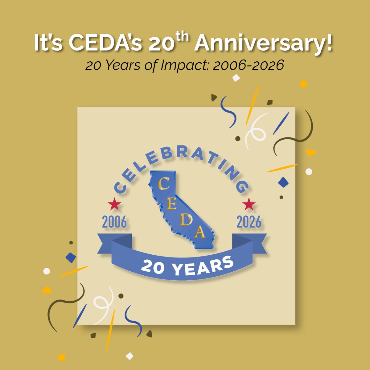 CALED_EconDev's tweet photo. The California Enterprise Development Authority (CEDA) is celebrating 20 years of impact in local #EconDev!

Since 2006, CEDA has been at the forefront of addressing critical gaps in EconDev financing.

Learn more: https://t.co/4ie4CC6yer https://t.co/4aUs8pZNO2