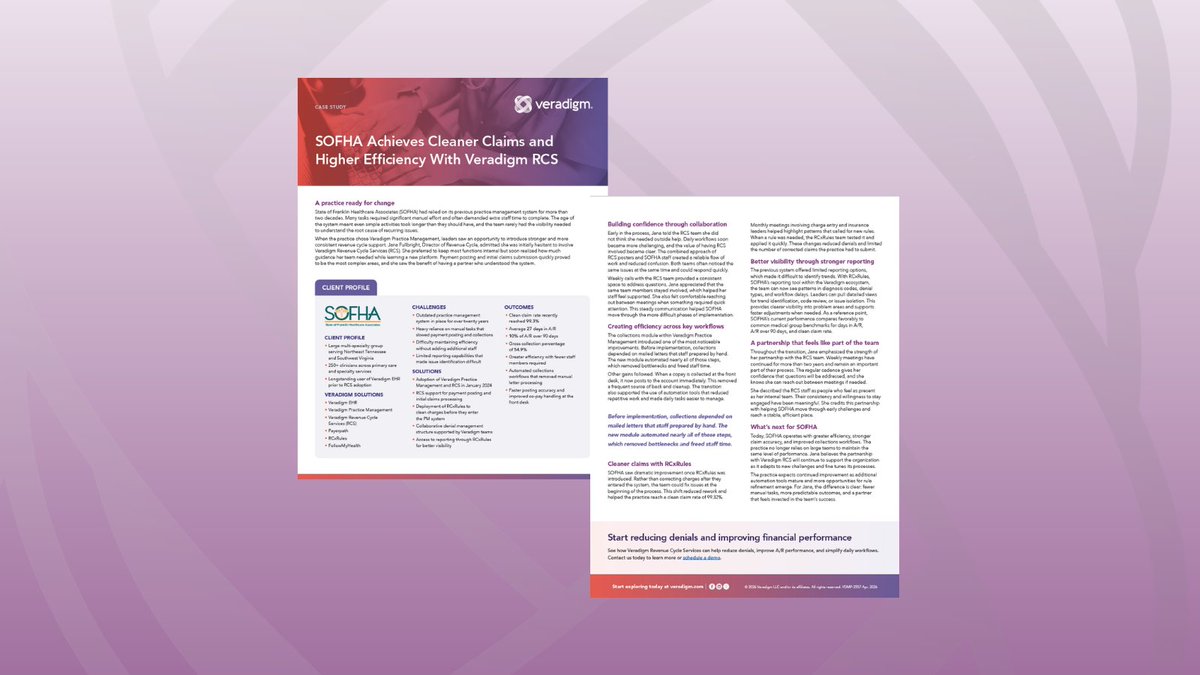 Veradigm's tweet photo. State of Franklin Healthcare Associates (SOFHA) saw higher claim accuracy and smoother revenue cycle performance after collaborating with Veradigm Revenue Cycle Services.  

Discover the impact: https://t.co/fcfUv5mzDp

#RevenueCycleManagement #MedicalBilling #ClaimAccuracy https://t.co/ZK4ma6D1qB