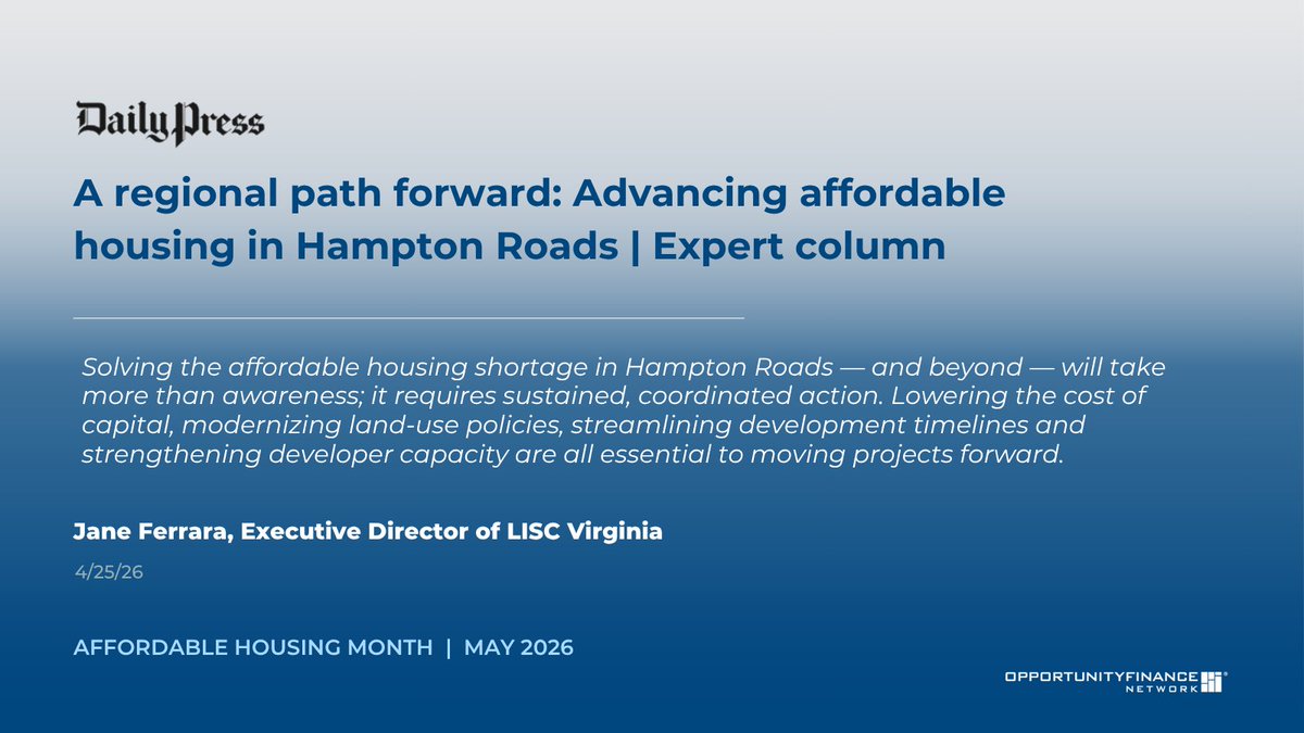 OppFinance's tweet photo. Hampton Roads needs approximately 50,000 more affordable housing units. In the Daily Press, Jane Ferrara of @LISC_HQ lays out three steps: build the developer pipeline, rethink the vision, and align local leadership with capital. That's the work our network does every day. 

https://t.co/AREvDCNxLM