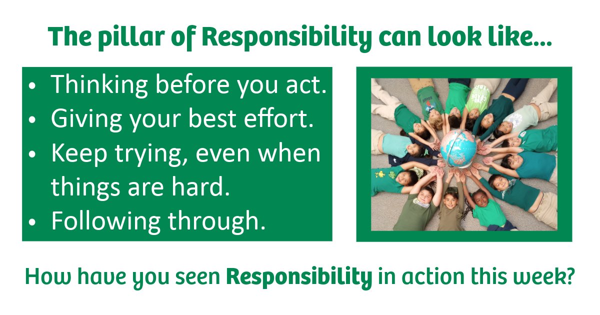 CHARACTERCOUNTS's tweet photo. The pillar of Responsibility can look like...
- Thinking before you act.
- Giving your best effort.
- Keep trying, even when things are hard.
- Following through.
How have you seen Responsibility in action this week?

#CHARACTERCOUNTS! https://t.co/woQxCxsxxL