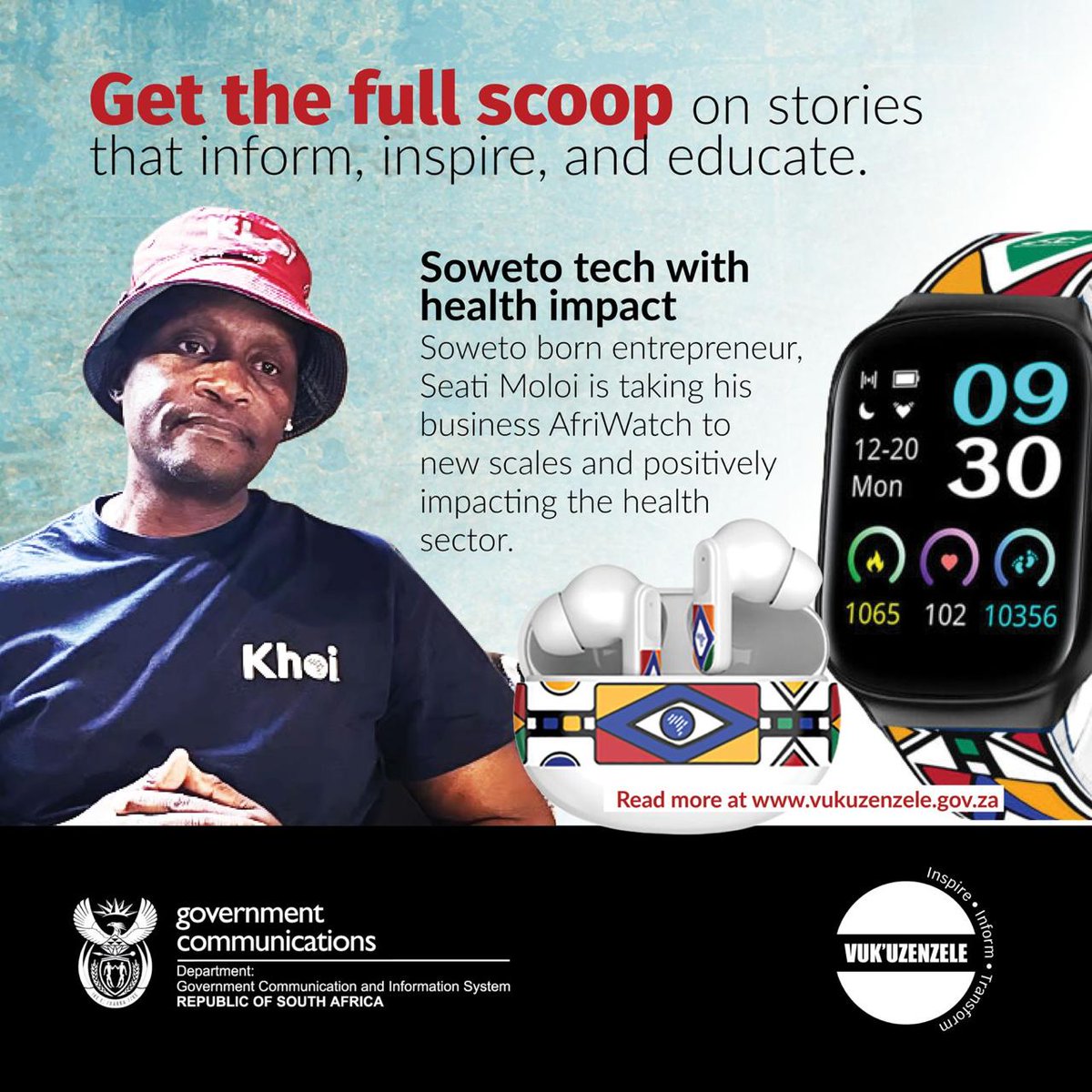 GovernmentZA's tweet photo. ๐ฐVuk'uzenzele spotlights innovation!
From Soweto to the forefront of health tech, entrepreneur Seati Moloi is scaling new heights with AfriWatch-driving solutions that make a real impact in the health sector.
๐ Download your free copy: https://t.co/1UkE9v6XWI
#VukTalks #VukuzenzeleMagazine #GovZAUpdates