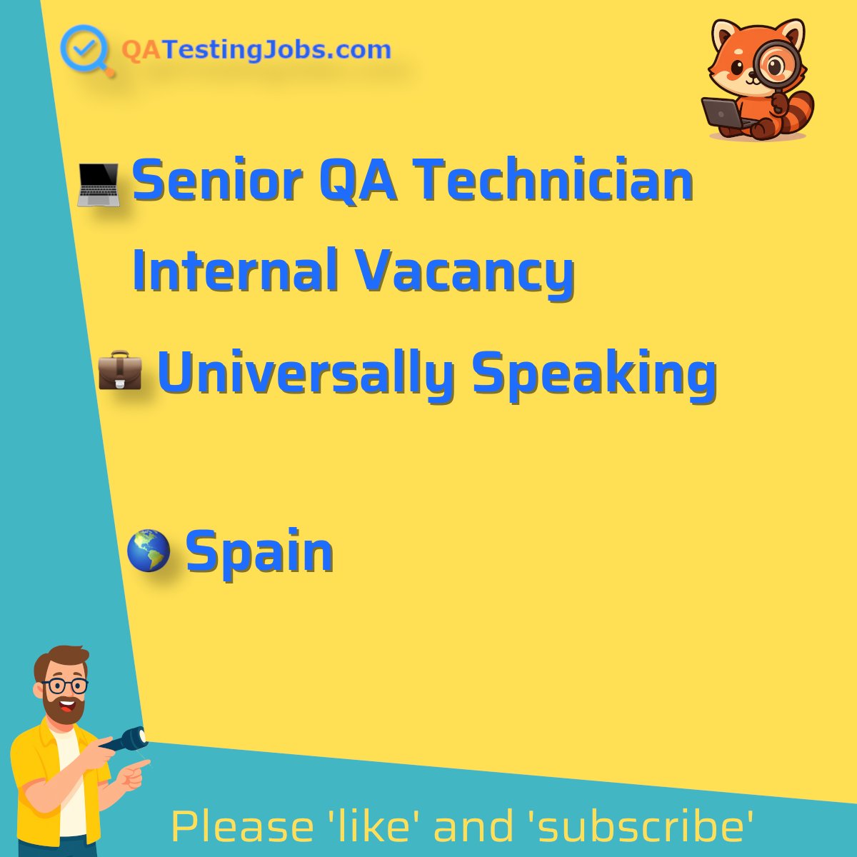 QATestingJobs's tweet photo. Title: Senior QA Technician Internal Vacancy
Company: Universally Speaking
Country: Spain
City: Madrid
Employment Type: full-time
Location: onsite
Remote/Onsite: onsite
Visa Support: 
Link: https://t.co/eq2ZMznzoj
#adaptability #attentiontodetail #bugreporting #coaching #feedback #multilocation #problemsolving #qualityassurance #regressiontesting #softwaretesting #teamwork #technicalskills #testcasecreation #testplanexecution #verbalcommunication #videogames #writtencommunication #softwaretesting #jobs #qualityassurance #software #testing #tester #testlead #automation #test #engineer #ai #selenium #playwright