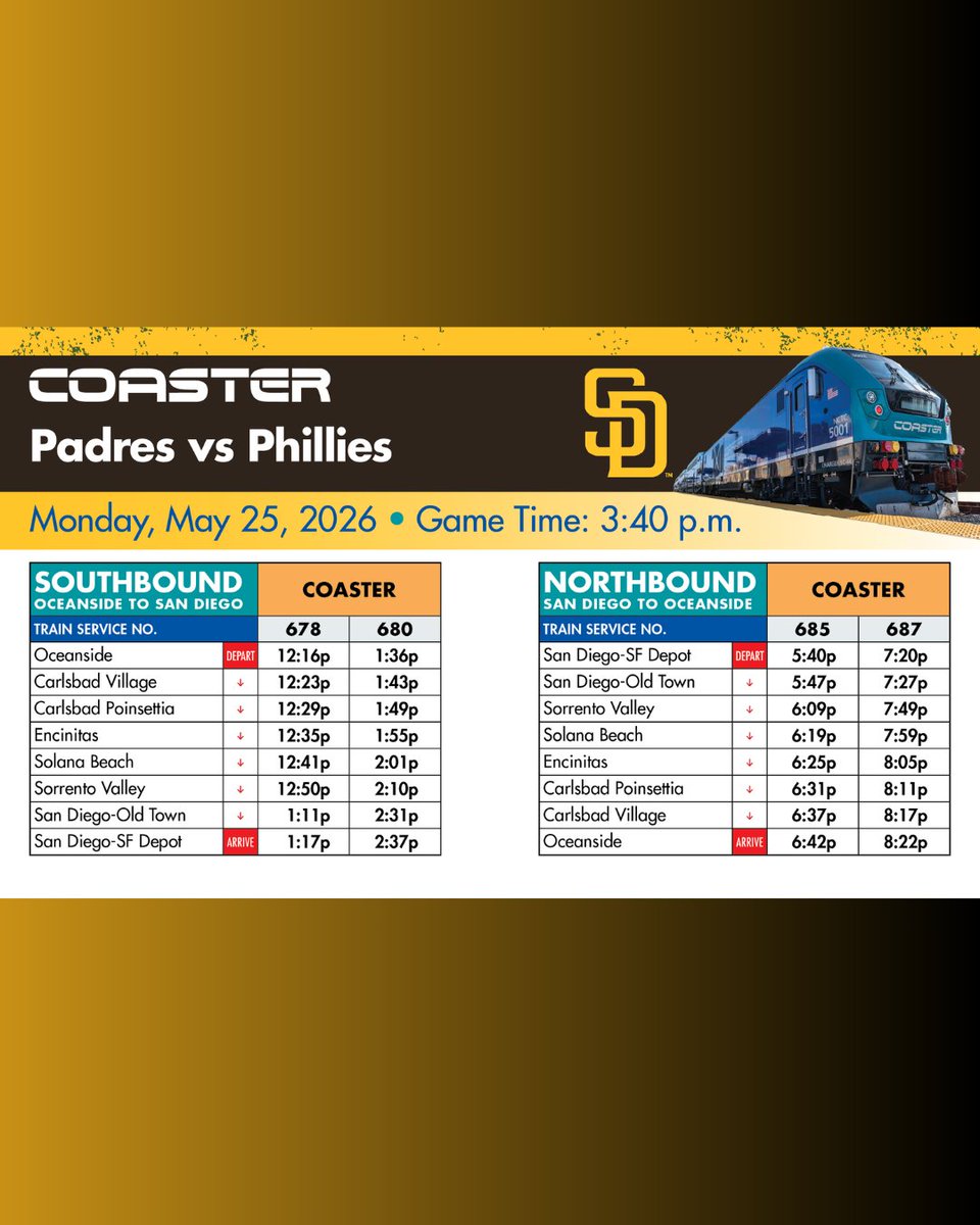 GoNCTD's tweet photo. In observance of the holiday, COASTER &amp; SPRINTER will operate on a SUNDAY schedule. All other NCTD modes will run on a SATURDAY schedule.
👉View holiday Gameday Schedule.
Oceanside &amp; Escondido Customer Service and Call Center will be open 8 a.m. to 5 p.m.
#GoNCTD #MemorialDay https://t.co/CgOuWaLelt