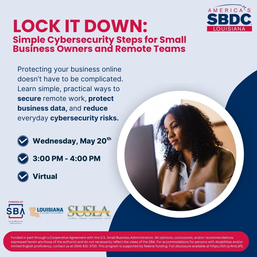 LSBDC's tweet photo. 🔐 Remote work can create hidden cybersecurity risks for small businesses. Learn simple, affordable ways to protect your business data, secure remote devices, and reduce everyday security risks — no IT background required.

Register here: https://t.co/bN4TSeanjq https://t.co/a4Ga1Uvwjn
