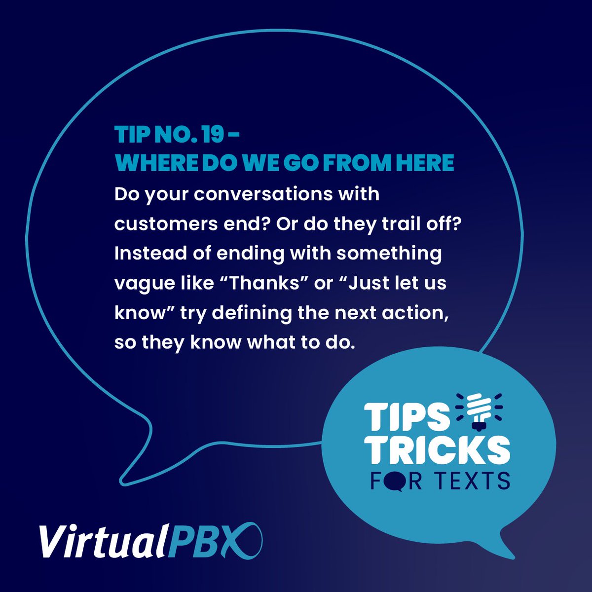 VirtualPBX's tweet photo. Sometimes a small change in wording is all it takes to keep a conversation progressing. Want to know how? Sign up for bimonthly tips straight to you messages—just simple ideas for businesses who want to communicate better: https://t.co/6IGb2DqUEn

#VirtualPBXTextTip
#VirtualText
#ConversationGame
#CommunicationTips