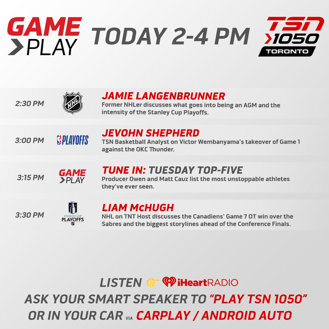 TSN1050Radio's tweet photo. Today on #GamePlay, @mcauz56 will be joined by Jamie Langenbrunner, @JevohnShepherd and @liam_mchugh!

Listen from 2-4pm on your home speakers, @TSN_Sports App, @iHeartRadioCA App or https://t.co/ovcZyzkXZm! https://t.co/dypbk8gtxa