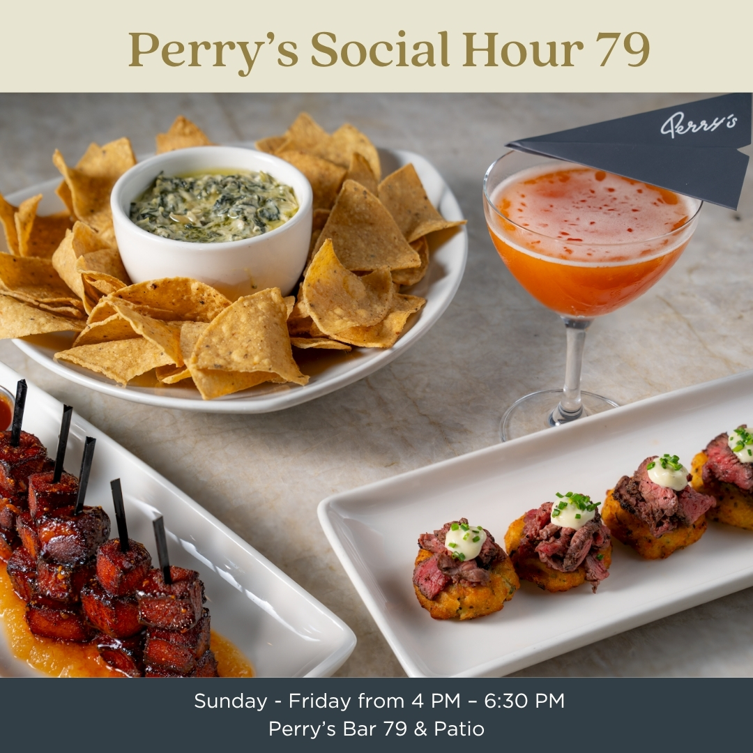 PerrysDining's tweet photo. Join us for Social Hour 79 at Perry’s Bar 79® and enjoy a Rare and Well Done® happy hour experience, Sunday through Friday from 4 PM – 6:30 PM!

Enjoy 7 Select Bar Bites, 7 Mixology Cocktails, and 7 Standard 5 oz. Pours of Wine for just $9 each. https://t.co/TGXLZ7CJGv