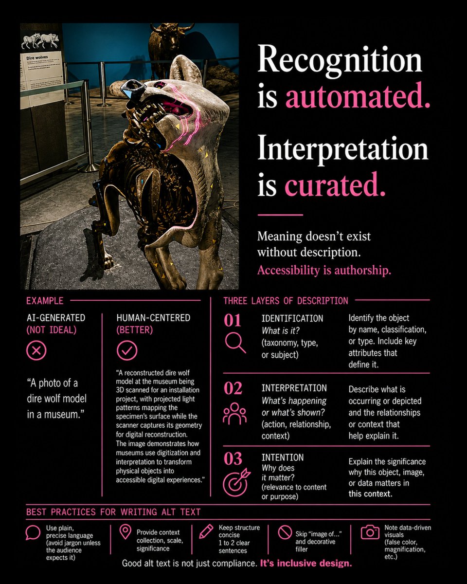 KillDevilQueen's tweet photo. Museums are starting to sound like chatbots.

I keep seeing alt text that either repeats the object title or uses AI-generated descriptions with almost no human editing.

Recognition is automated. Interpretation is curated.

#Accessibility #AltText #Museums #AI #UX https://t.co/gOSvzsKYFf