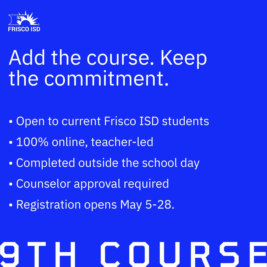 EHSFrisco's tweet photo. Frisco Flex 9th course registration is open!

Double-blocked for athletics or fine arts? You can keep your schedule and still take the course you need, or explore a new interest.

Learn more at https://t.co/z97wdGxze5. https://t.co/UM4XobBEqa