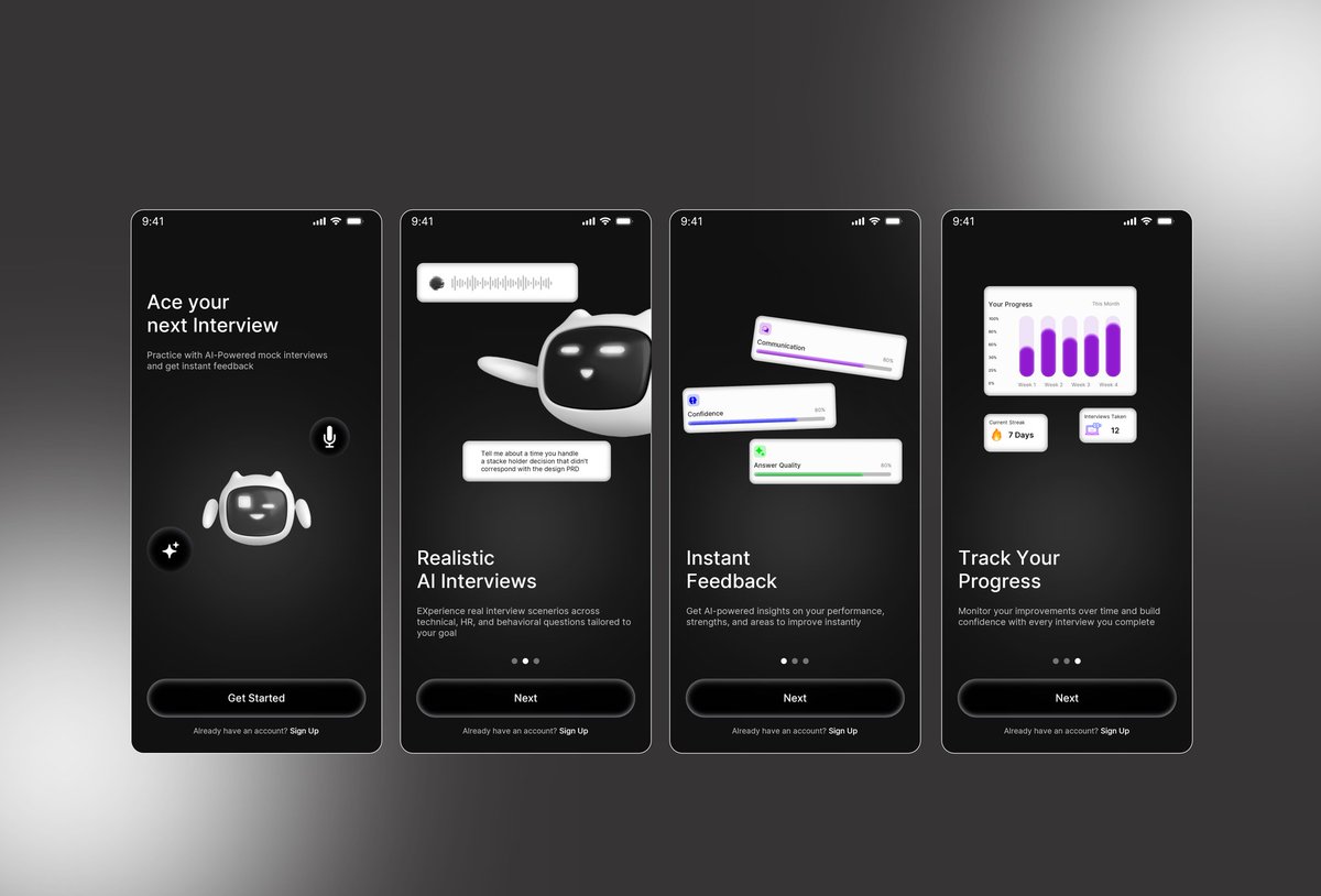 Buchidesigns247's tweet photo. Designed a concept for Omini, an AI-powered mock interview app

Features explored: AI voice interviews
• Resume upload
• Role-based interview prep
• Real-time conversation UI
• Interview readiness analysis
Focused on creating a minimal, premium, voice-first mobile experience https://t.co/IqZNlV8W62