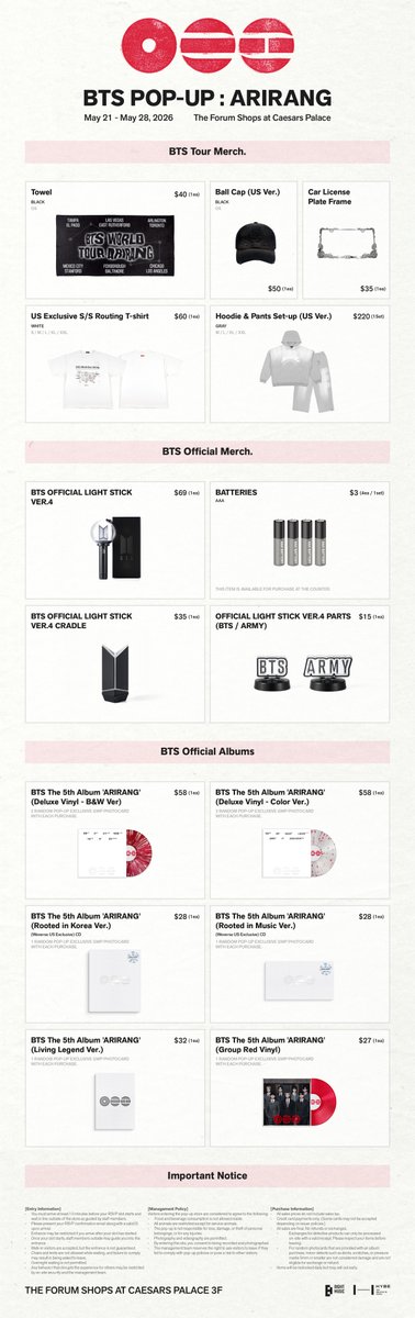 chartBTS's tweet photo. [Weverse] Notice 📢
https://t.co/5n9wI6TZdS

[NOTICE] BTS POP-UP : ARIRANG (@The Forum Shops at Caesars Palace) Announcement (260519 updated)

Hello.
We are excited to announce the opening of the BTS POP-UP : ARIR .. https://t.co/D9Ns493VmD