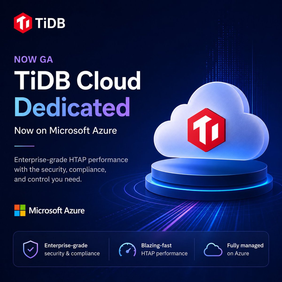 PingCAP's tweet photo. TiDB Cloud Dedicated is now GA on Microsoft Azure. 🎉

99.99% SLA. Three-AZ deployment. HTAP via TiFlash. Azure Marketplace billing. 🔒
Distributed SQL built for production — now natively where your team already works. ⚡

Read the announcement → https://t.co/ia7EQkff6T

#TiDB #Azure #DistributedSQL