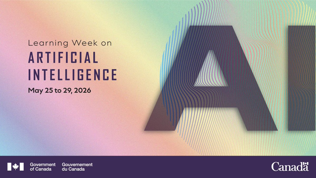 School_GC's tweet photo. Learning Week on Artificial Intelligence is one week away!⏰🤖

🗓️May 25-29

Set time aside to explore events, courses, videos and learning tools designed to help public servants build AI knowledge and skills for the future of the public service. ✨

🔗https://t.co/WpkR6197BP https://t.co/5WuLiERFI9