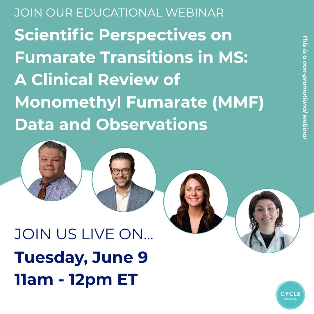 CyclePharma's tweet photo. Join us live on Tuesday, June 9 | 11 am - 12 pm ET for our educational webinar: 

Scientific Perspectives on Fumarate Transitions in MS: A Clinical Review of Monomethyl Fumarate (MMF) Data and Observations  

Secure your place here 👉 https://t.co/70N8Lg8qOS https://t.co/N9cGfucJZx