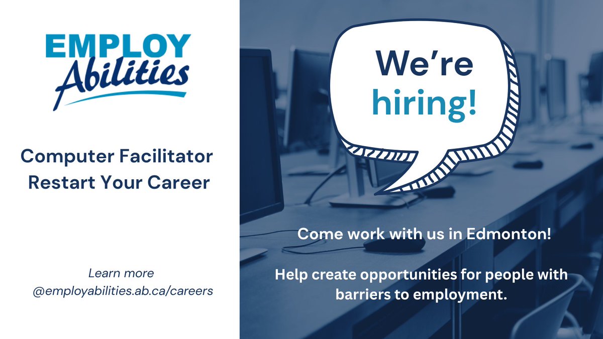 EmployAbilities's tweet photo. 📣Join our team! 

EmployAbilities is seeking a Computer Skills Facilitator to support the Restart Your Career program at our Edmonton office. 🖥️

You'll instruct learners with varying levels of computer literacy.

Learn more and apply at https://t.co/pItCvMXyYm https://t.co/6zuDASXBDo