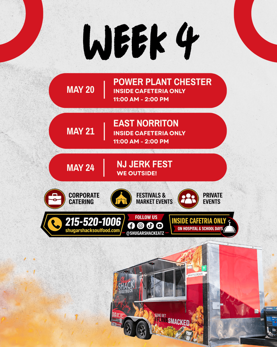 Shugarshacksoul's tweet photo. Week 4, we're closing strong 🔥

Catch us inside cafeterias + outside at NJ Jerk Fest. Don't miss it.

#ShugarShack #Week4Lineup #SoulFood https://t.co/8MRS3M1wa3 https://t.co/5f4GDQ8Mmb