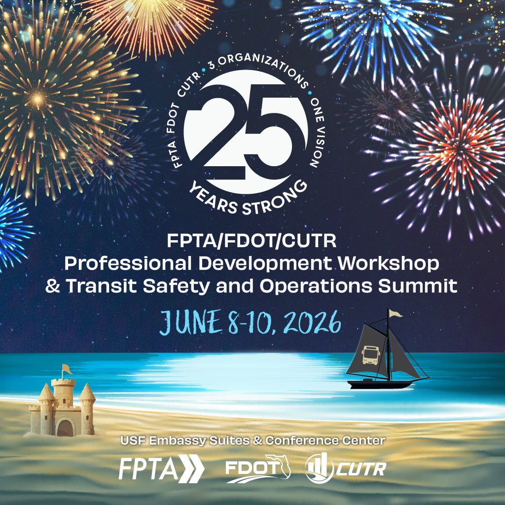 CUTRUSF's tweet photo. 🚨Event Alert

Join us for the 2026 FPTA/FDOT/CUTR Professional Development Workshop &amp; Transit Safety and Operations Summit! 

📅 June 8-10 |📍 USF Embassy Suites | Tampa, FL
🔗 Register by 5/29: https://t.co/fes92dKOLE
 
#Florida #ProfessionalDevelopment #TransitSafety https://t.co/vQ6SxMjMIM