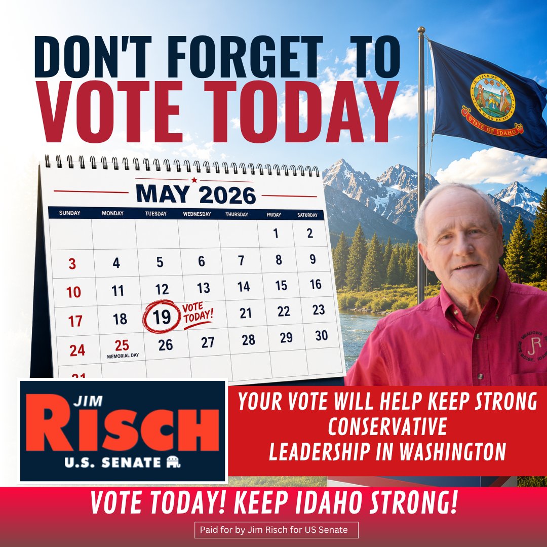 Risch4Idaho's tweet photo. Don’t forget to vote today, Idaho!

The polls are open until 8:00 PM. I’m asking for your vote to keep strong, proven conservative leadership in the United States Senate.

Your voice matters: let’s protect our values and keep fighting for Idaho. https://t.co/AgT276sYtd