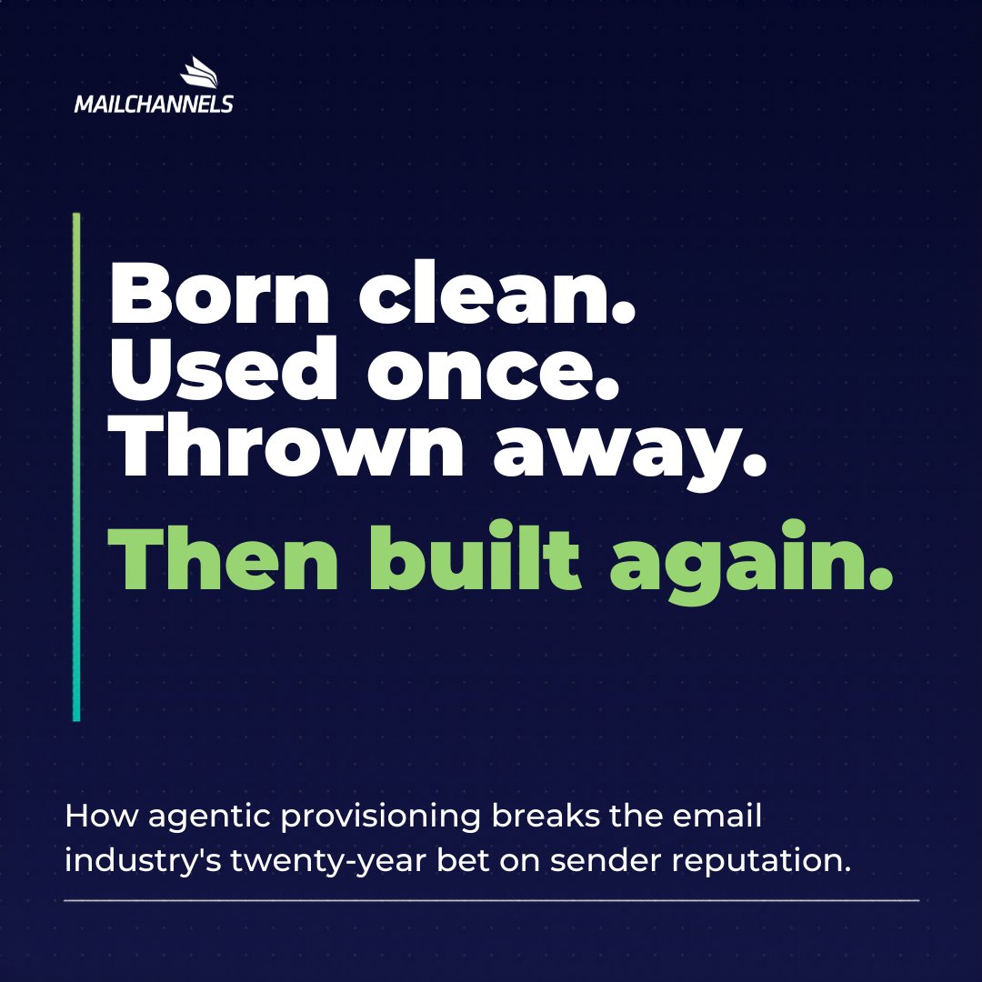 MailChannels's tweet photo. An AI agent can now spin up a brand-new email sender in minutes.
Domain. DNS. TLS. SPF. DKIM. All clean. All authenticated.
20 years of email reputation defense just got a new problem. 
Read more 👉 https://t.co/Jownry9Kc0 https://t.co/HkFgjAya5I