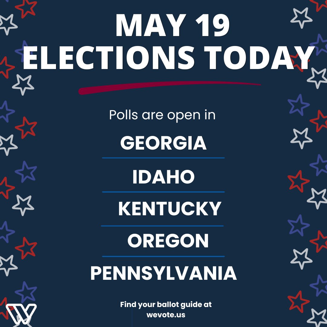 WeVote's tweet photo. Polls are open today. 🗳️
Voters in Georgia, Idaho, Kentucky, Oregon, and Pennsylvania are heading to the polls for primary elections. Find your ballot guide before you go.
https://t.co/J9eaJww79h | #WeVote #CivicEngagement #PrimaryElection https://t.co/g93HfTRv3V
