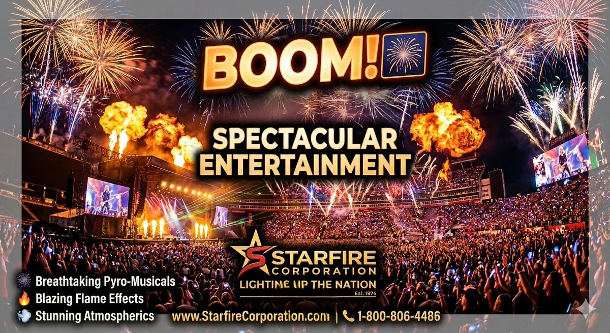 StarfireCorp's tweet photo. Boom. 🎆  Jaw-dropping entertainment! Starfire Corp delivers turnkey pyro-musicals, flame effects, lasers &amp; atmospherics for the world’s biggest stages—indoors or out. 🚀

Let’s elevate your event.
📞 1-800-806-4486
🌐 https://t.co/T6gZ4LYcu6

#EventProfs #LiveEvents https://t.co/gE7TgxgbYi