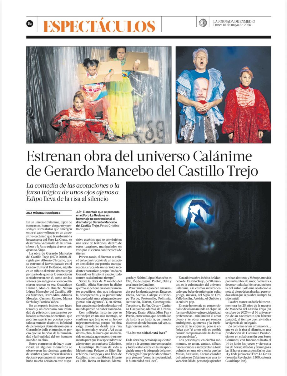 CacumenProdu's tweet photo. 🗞️ ¡Estamos en @LaJornada con #LaComediaDeLasAcotaciones!

📆 Hasta el 14 de junio 
📍 Foro La Gruta del @Helenico
⏰ jue y vie, 20 h | sáb y dom, 18 h
🎟️ https://t.co/JMRJdOicF3

Producción teatral nacional realizada con el estímulo fiscal del artículo 190 de la LISR (EFIARTES) https://t.co/yW9EW3MCDc