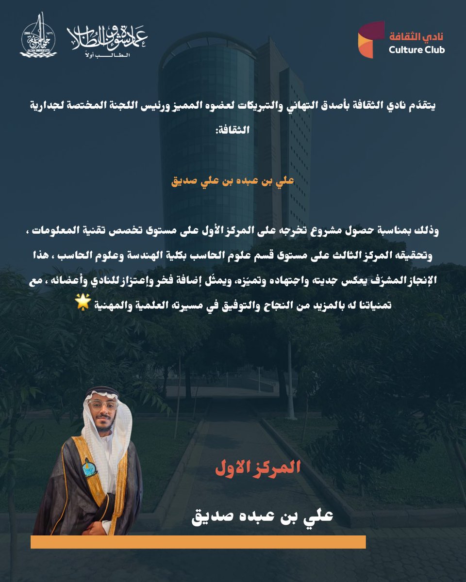 mh86727's tweet photo. نبارك لرئيس اللجنة المختصة لجدارية الثقافة هذا الإنجاز المستحق ❣️ @DevAliSaddeg 

#جامعة_جازان
#نشاطكم_يميزنا 
#ثقافة_نعيشها_ونسمو_بها https://t.co/iP2wYc2Dn2