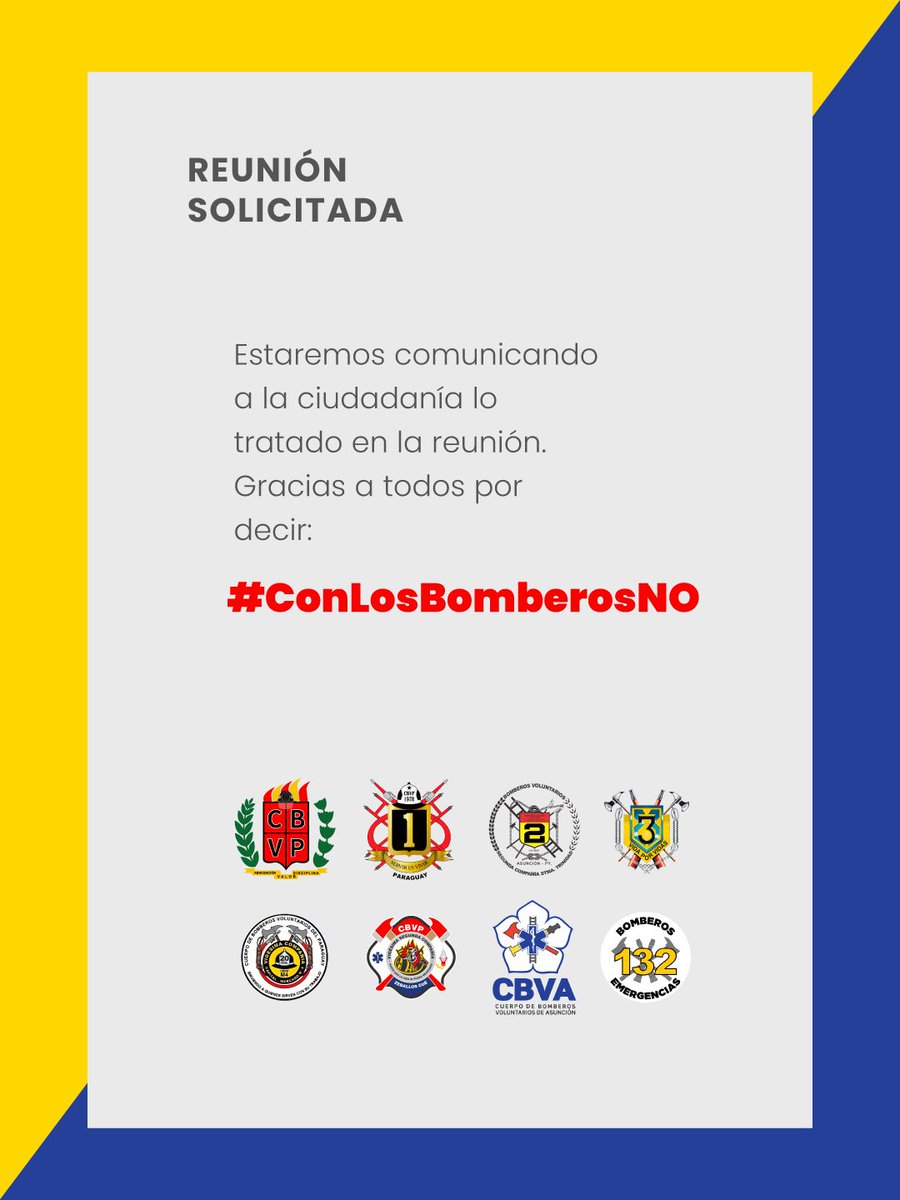 AmarillosCBVP's tweet photo. 🚒 El Intendente de la @AsuncionMuni, @luisbello_asu, accedió al pedido que hicimos los Bomberos Voluntarios de Asunción y hoy a las 16:00 tendremos una reunión.

Estaremos comunicando a la ciudadanía el resultado de esta reunión.

#ConLosBomberosNO https://t.co/XiK8s2eVaI