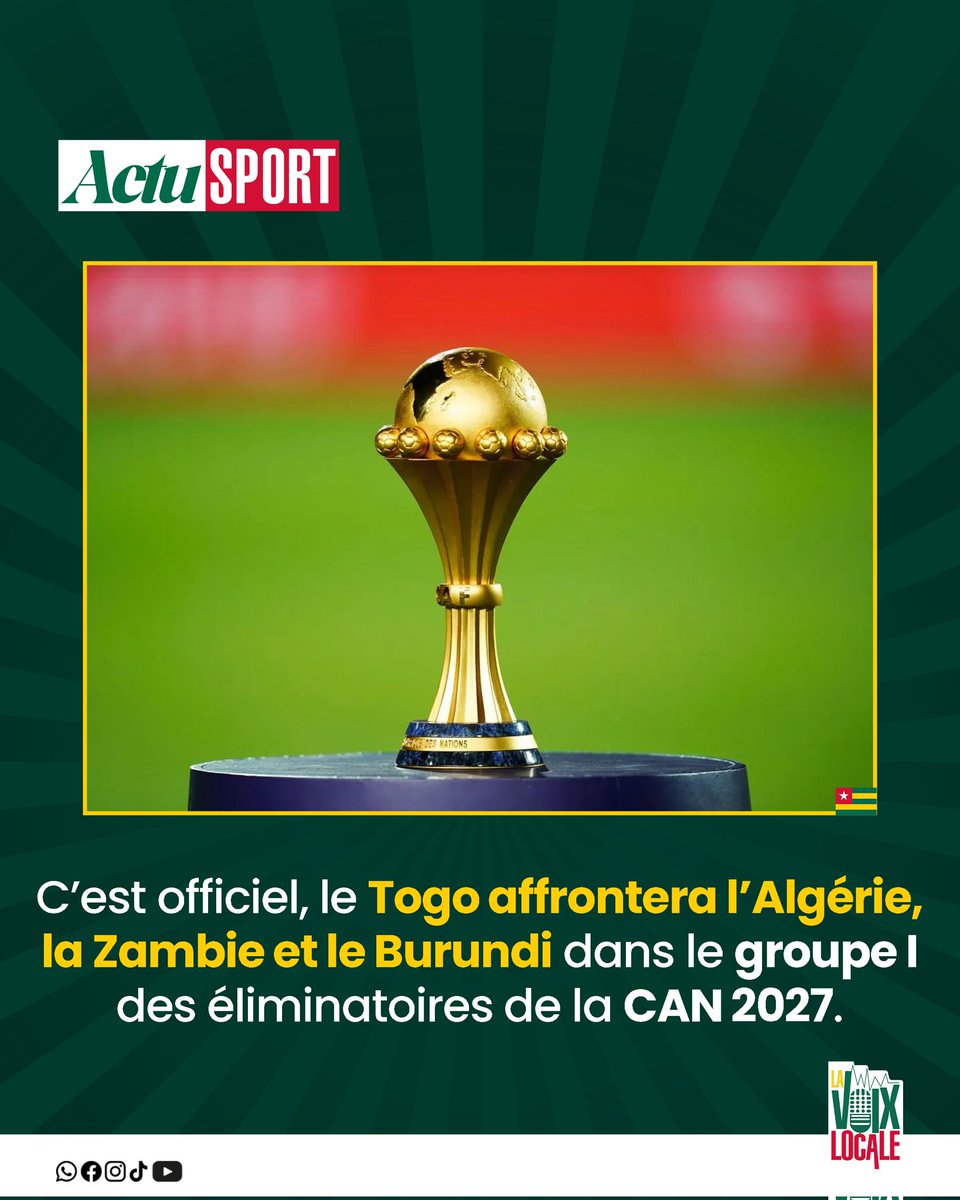 Voixlocale's tweet photo. 1/2
Le Togo est désormais fixé sur ses adversaires pour les éliminatoires de la CAN 2027. 🇹🇬
Ce mardi 19 mai 2026 au Caire, le tirage au sort des éliminatoires de la Coupe d’Afrique des Nations 2027 a été effectué. Les Éperviers héritent du groupe I aux côtés de l’Algérie, https://t.co/kfYdQFX9Tu