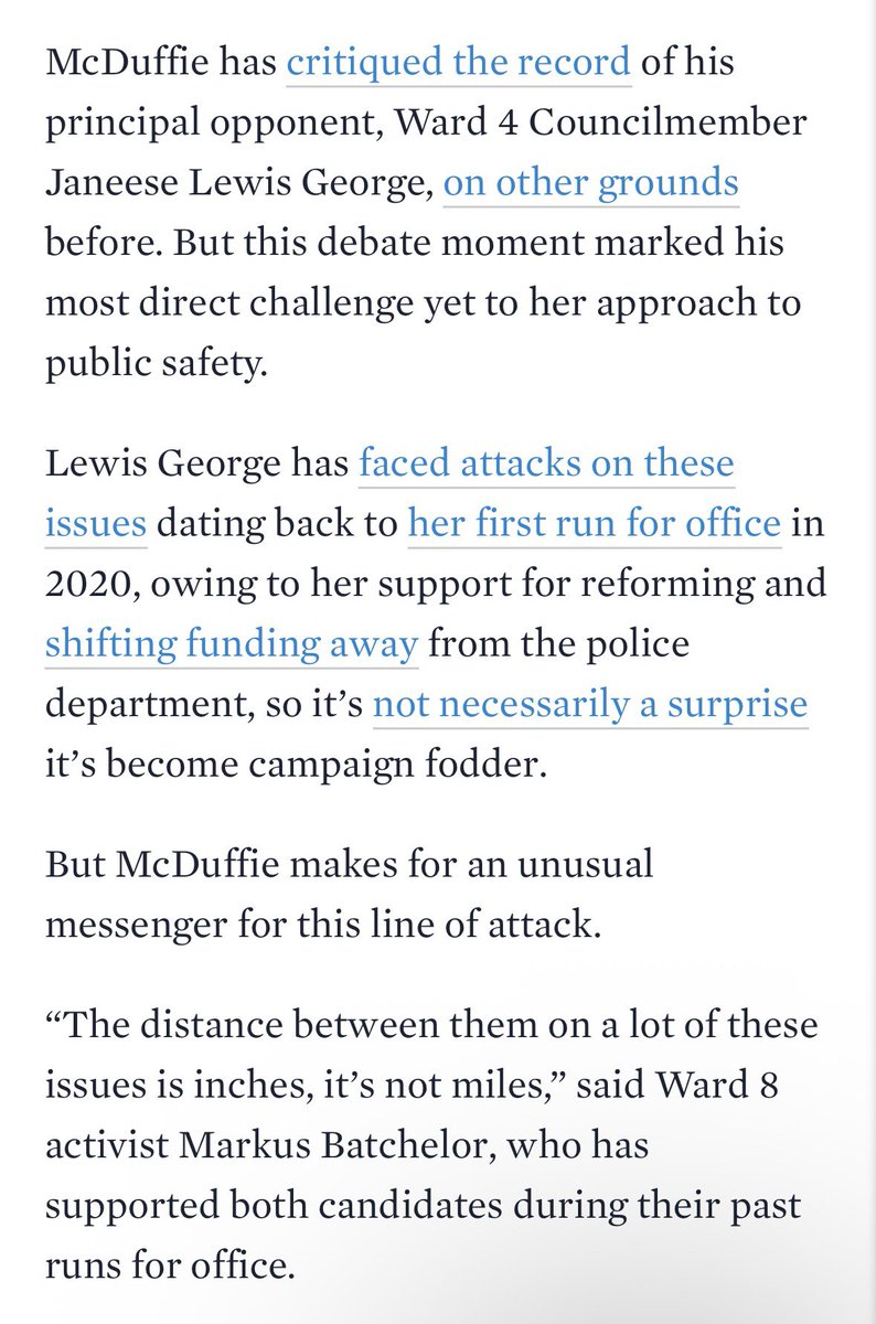 AlexKomaDC's tweet photo. New: Lewis George and McDuffie both got their starts on the council as police reformers. So why has crime become a flashpoint in the mayoral race?

McDuffie says a key difference is he wants to hire new 1k cops over 4 years. It’s a proposal JLG and some experts find unrealistic. https://t.co/iyy02ghTi2