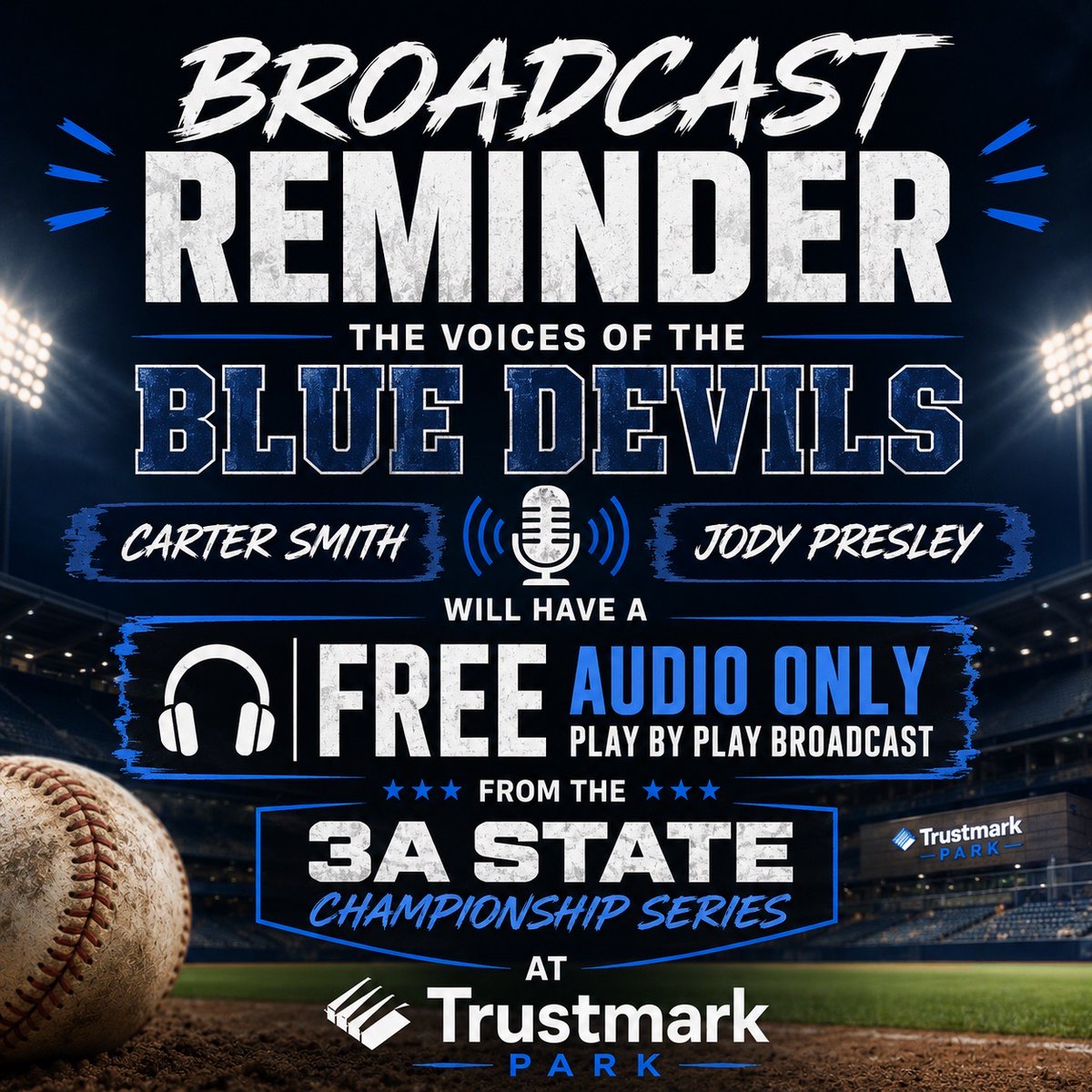BlueDevilTV's tweet photo. 🚨BROADCAST REMINDER🚨

Tomorrow’s MHSAA 3A Baseball State Championship Game 1 will have a free audio only broadcast with Voice’s of the Blue Devils Carter Smith and Jody Presley Live at Trustmark Park at 4:00PM!

Click the link below or copy to share!

https://t.co/8B9Uwiq32V https://t.co/xALeSYyLTd