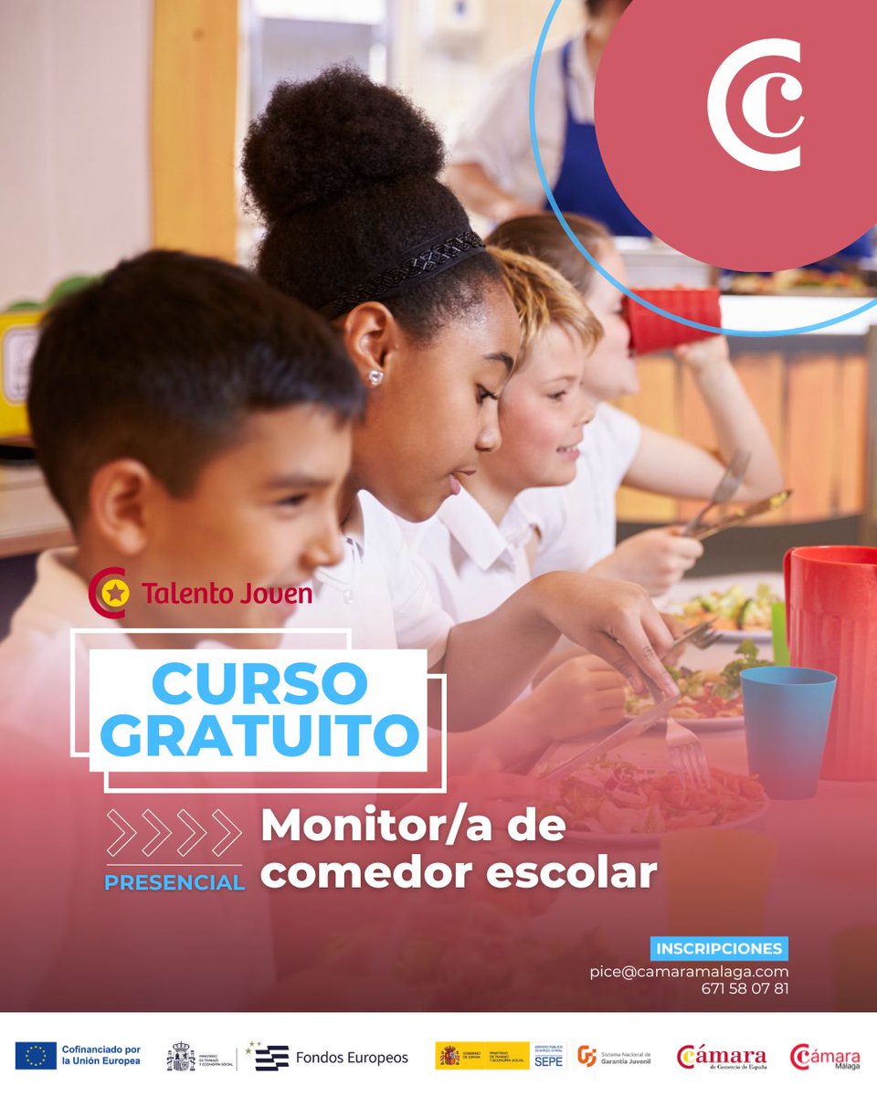 Camara_Malaga's tweet photo. 🍽️🎒 ¿Te gustaría trabajar en el ámbito educativo y adquirir nuevas oportunidades laborales?

La Cámara de Comercio de Málaga pone en marcha el curso “Monitor de comedor escolar”, una formación orientada a desarrollar competencias para trabajar en el entorno educativo y de atención a menores 🚀

📅 Inicio: 23 de junio de 2026

Una oportunidad para formarte en:

👉 Funciones y responsabilidades del monitor de comedor escolar
👉 Hábitos saludables y educación alimentaria
👉 Dinamización y atención de grupos infantiles
👉 Habilidades para la gestión y acompañamiento de menores

Una formación práctica para adquirir conocimientos y mejorar tu empleabilidad en un sector con gran proyección.

🔗 Más información e inscripciones: https://t.co/lEodbU9umN

#Formación #Empleo #CámaraMálaga #MonitorEscolar #ComedorEscolar #Educación #Oportunidades