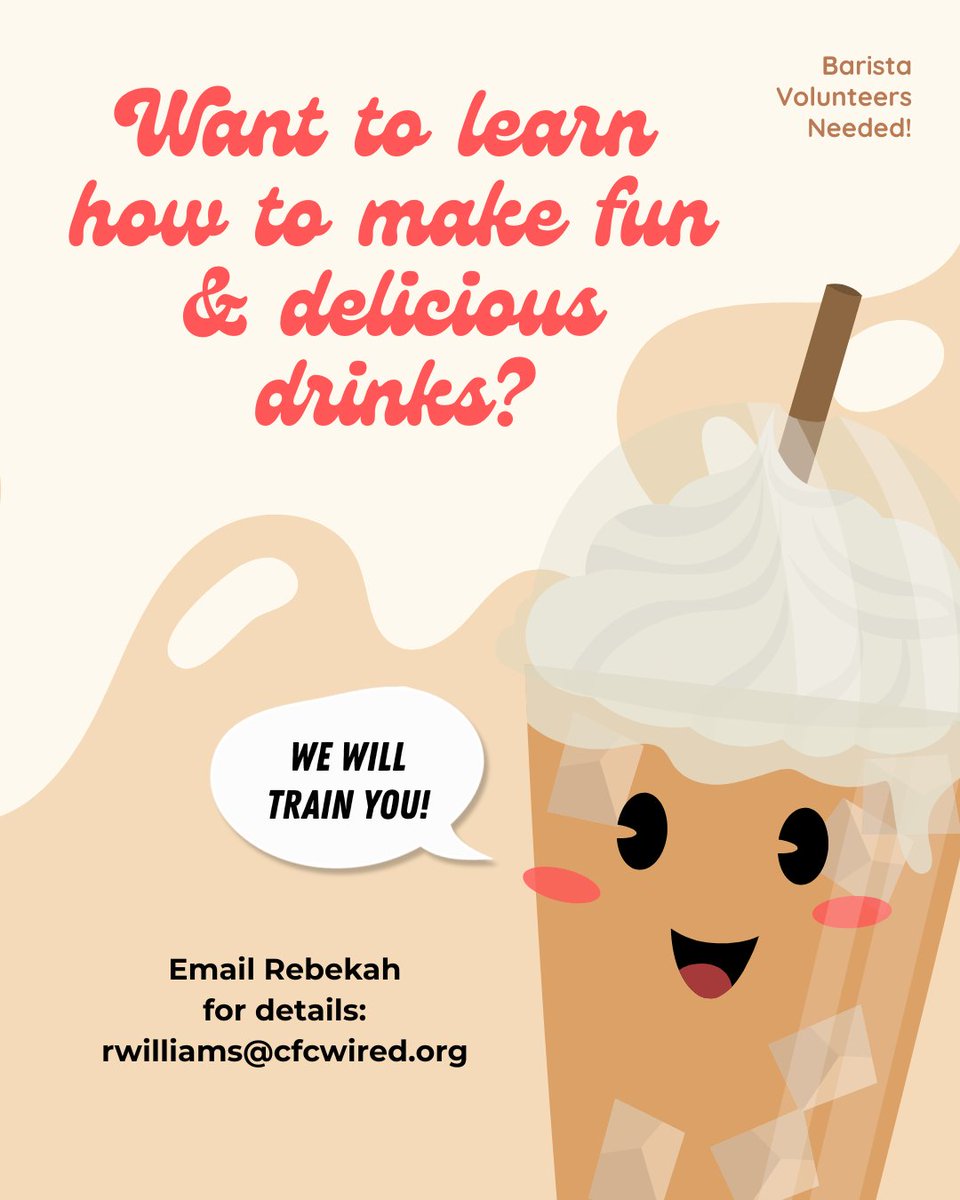 cfcwired's tweet photo. Want to learn how to make specialty coffee drinks? ☕ We're looking for barista volunteers! You'll be trained, no experience required. Each time you volunteer, you get a free drink! 😎 Email Rebekah Williams: rwilliams@cfcwired.com or to sign up, visit https://t.co/hAgNDBTNSx https://t.co/2sh8Iyp0Ws