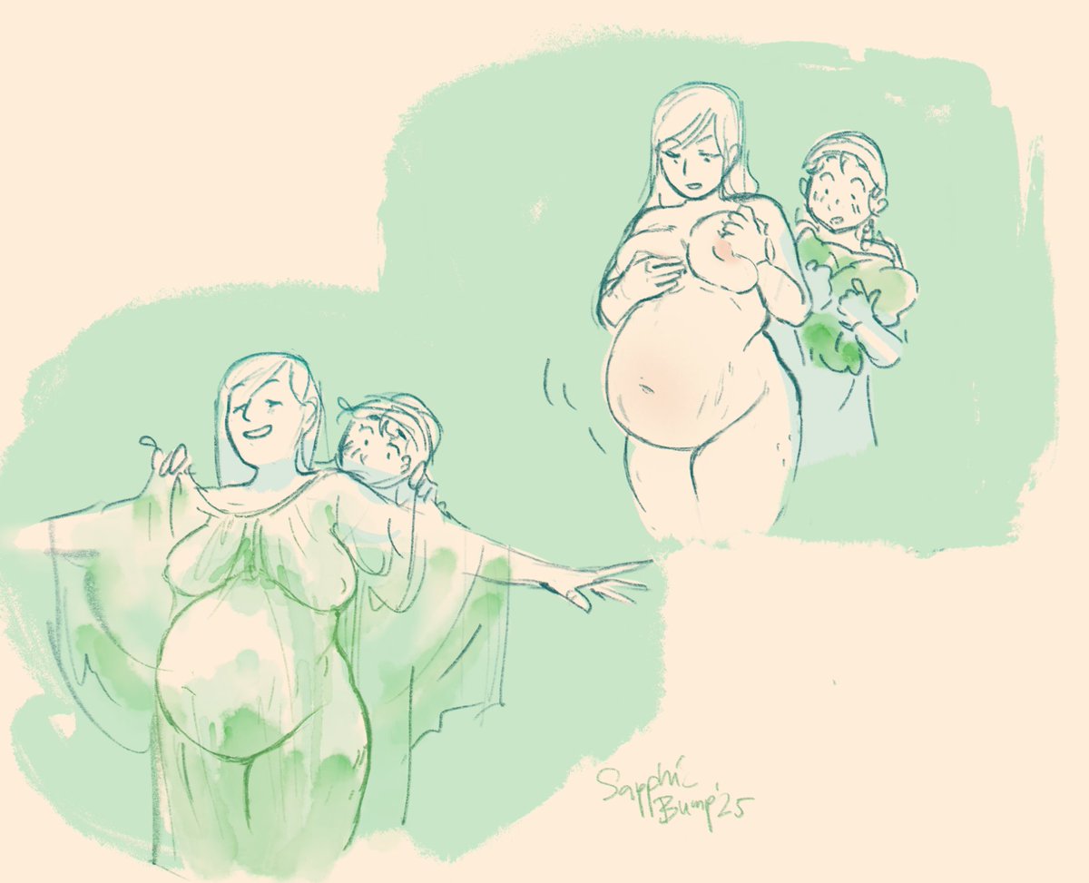 SapphicBump's tweet photo. Maid is a little too curious about her mistress' growing body 💚 Another poll winner from my Patreon! https://t.co/6cbW4ukpiH