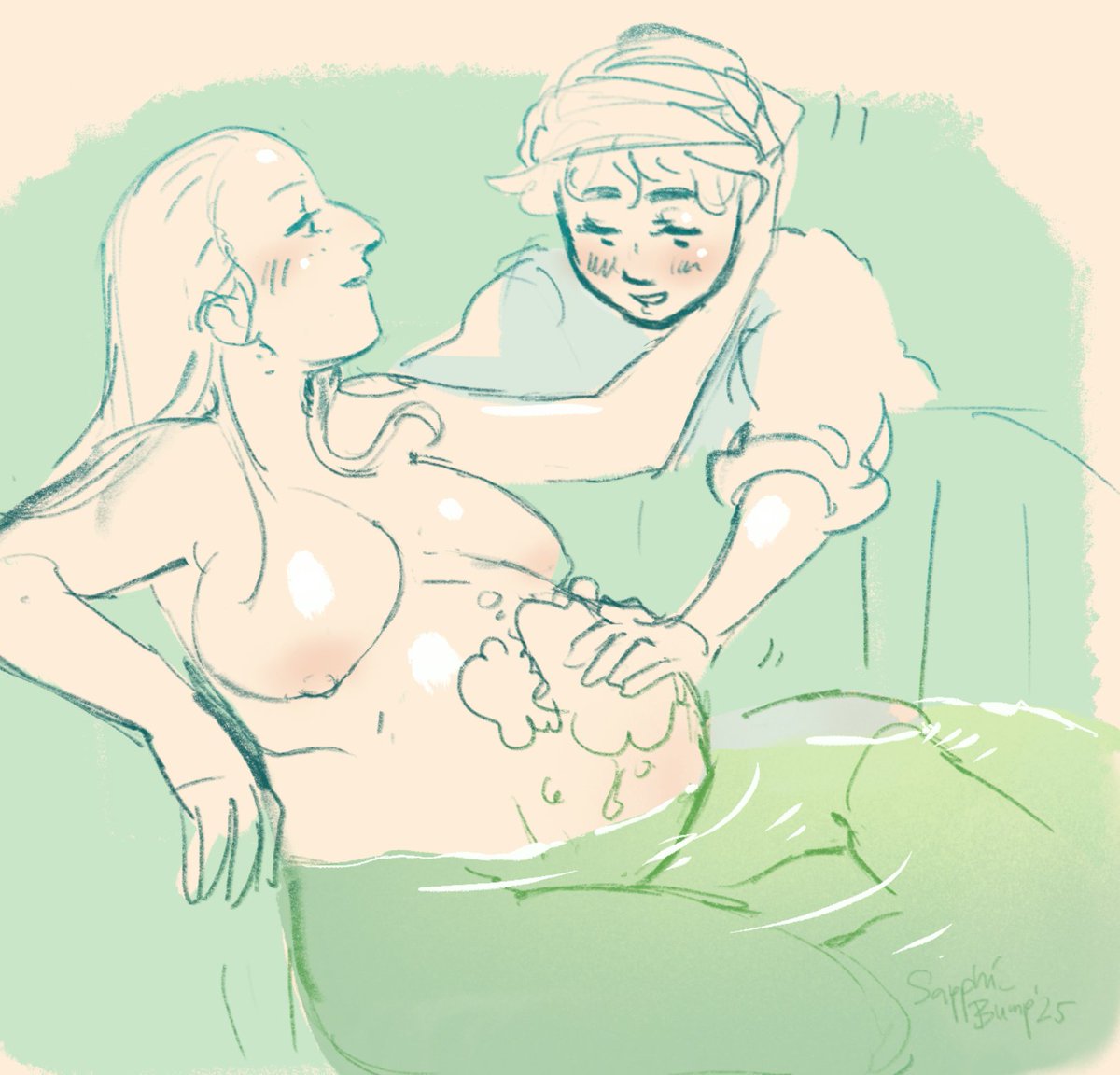 SapphicBump's tweet photo. Maid is a little too curious about her mistress' growing body 💚 Another poll winner from my Patreon! https://t.co/6cbW4ukpiH