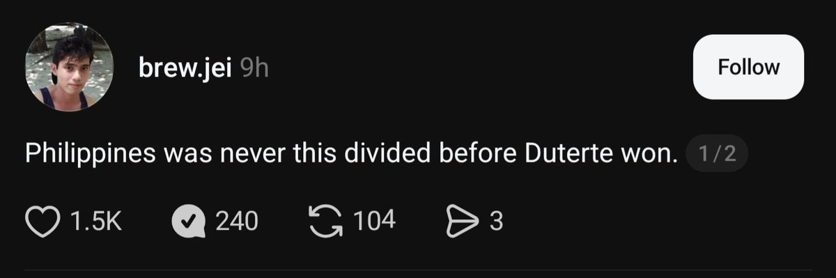 janwriter_'s tweet photo. Wrong. The Philippines has always been divided by class, region, dynasties, and elite capture long before Duterte won in 2016. Martial law, coup plots, pork barrel scams, and unchecked drug syndicates created far deeper fractures than anything that followed.

Duterte's presidency did not create those fault lines. It simply brought them into the open by challenging the very system that had protected drug lords and oligarchs while ordinary Filipinos suffered. He won because the people demanded security and accountability after years of polite neglect from Manila.

What you call unprecedented division is the necessary reckoning between a leader who governed for the masses and the entrenched interests that preferred the status quo of failure.

Stop pretending the country was united before him. It was not. Duterte merely refused to keep pretending otherwise.