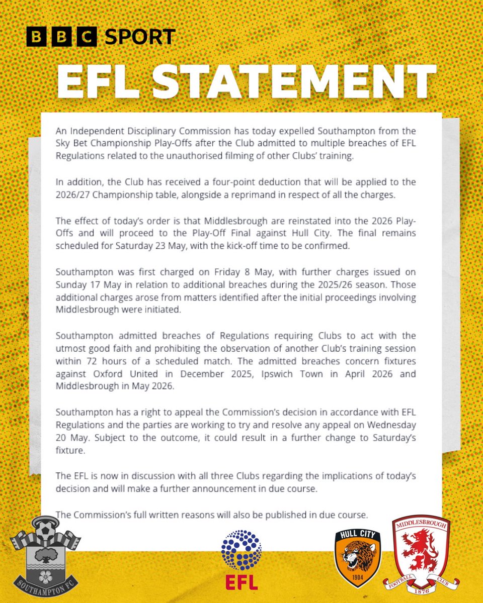 BBCTeesSport's tweet photo. Full statement from the EFL 🚨

#Boro | #UTB | #BBCFootball https://t.co/j4xorbPmUl