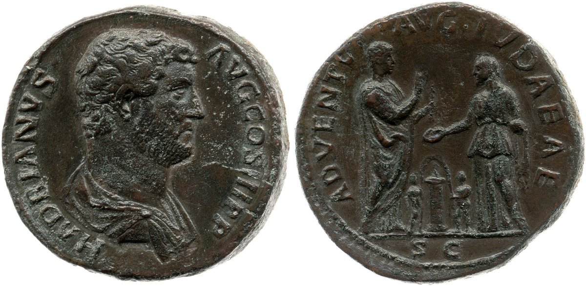 carolemadge's tweet photo. #HadrianFactTuesday - Did you know that Hadrian's travels were commemorated on coins?

Hadrian's reign is notable for a series of coins that vividly commemorated his personal visits to nearly every province of the empire. These coins were issued especially in the later years of his reign. They often depicted the emperor's arrival (adventus), his benefactions (restitutor), or his inspection of the provincial armies (exercitus). Each province Hadrian visited was also personified, typically as a female figure in local dress, sometimes with distinctive attributes (e.g., Africa with an elephant-skin headdress, Egypt with a sistrum and an ibis, Britannia with a shield and a lance). The province is often shown greeting or kneeling before Hadrian, symbolising the emperor's presence and beneficence.

These coins served as imperial propaganda, reinforcing Hadrian's image as a travelling, hands-on ruler who personally cared for and improved the provinces. The imagery communicated messages of peace, prosperity, and unity under Roman rule, and celebrated Hadrian's role as a benefactor and restorer.