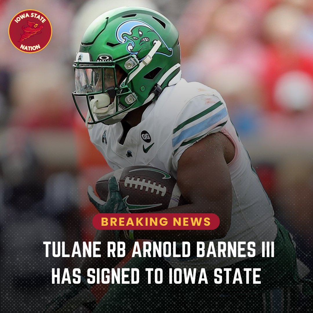 IowaStateNation's tweet photo. 🚨 Tulane RB Arnold Barnes has signed with the Iowa State Cyclones. 

Welcome to Ames. 🤝🌪️ https://t.co/S7n14Q6bjh