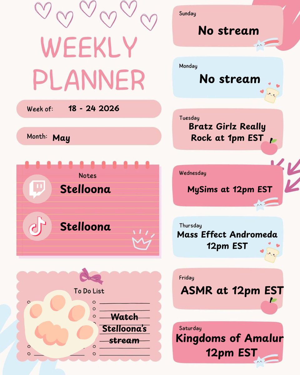 stelloonnaa's tweet photo. This week's schedule https://t.co/u3SoiPhlP4