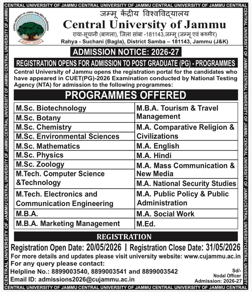 OfficialCuj's tweet photo. The Central University of Jammu opens registration portal for the candidates who have appeared in CUET(PG)-2026 Examination Conducted by NTA for admission to various PG Programmes
#CentralUniversityOfJammu #CUJammu #Admissions2026 #CUETPG2026 #HigherEducation https://t.co/Um3IL8geFX