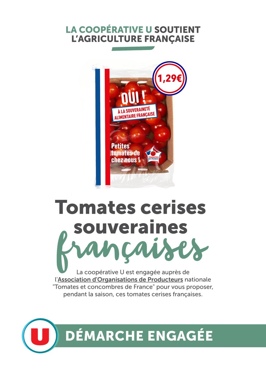 schelcher's tweet photo. Deux bonnes occasions de pratiquer au quotidien le "réflexe origine France" !

A l'Assemblée nationale hier, le Collectif de l'Emmental Français présentait une charte d'engagement. Face à la flambée des importations (+ 54 % en janvier dernier), il était plus que temps de remettre ce sujet sur la table pour collectivement protéger notre filière laitière.

C'est une vision que je partage avec Jean-Michel Javelle, président de la coopérative d'éleveurs @SodiaalCoop. Dès 2024, et à nouveau l'an dernier lors d'un appel commun, nous alertions ensemble sur ces importations qui détruisent la valeur de notre lait. Avec Sodiaal, cela fait d'ailleurs plus d'une décennie que nous travaillons main dans la main pour fabriquer des produits à marque U 100 % français. Bien sûr notre emmental.

Je vous invite à avoir ce réflexe en faisant vos courses : retournez les produits pour vérifier l'origine des matières premières. C'est toute la force de notre modèle coopératif : une véritable proximité avec nos territoires. On se connaît, on se comprend, ce qui nous permet de privilégier la création de valeur localement.

Soutenir nos producteurs ne coûte pas forcément beaucoup plus cher.
Un autre exemple concret : la tomate cerise. Face aux barquettes d'importation, nous accompagnons fièrement les Producteurs de Tomates et Concombres de France. De la mi-mai à fin septembre, @CooperativeU s'engage à mettre en avant des petites tomates cerises françaises à 1,29 € dans ses magasins.

Souveraineté alimentaire et pouvoir d'achat peuvent aller de pair. Ayons le réflexe origine France et continuons de faire les bons choix en rayon !