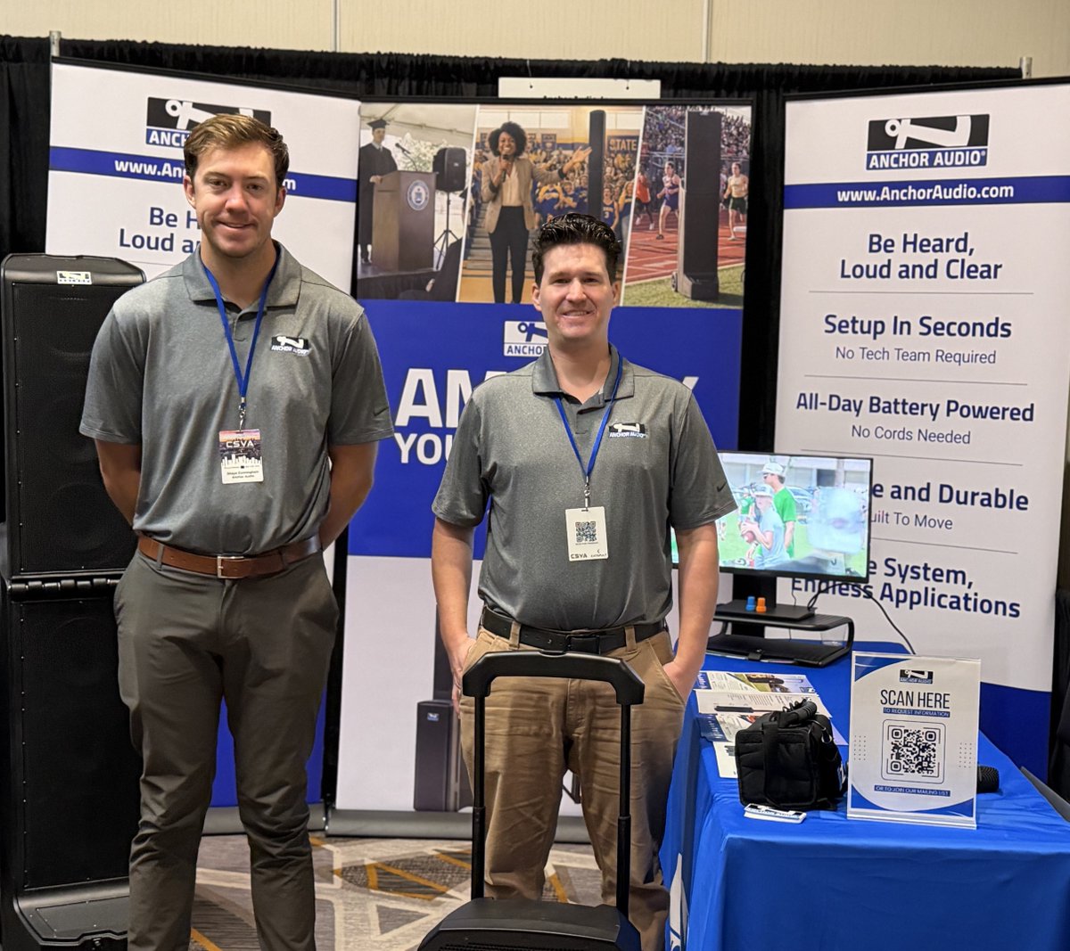 AnchorAudio's tweet photo. We’re onsite today at the CSVA Conference!
Visit Booth #301 to meet Shaye & Owen and hear our Series 3 systems in action, including the all-new Beacon 3.
Proud to also power the main meeting room with our Anchor Audio Bigfoot 3 speakers. 🔊
#CSVA #AnchorAudio #PortablePA https://t.co/EWkDghBuoX